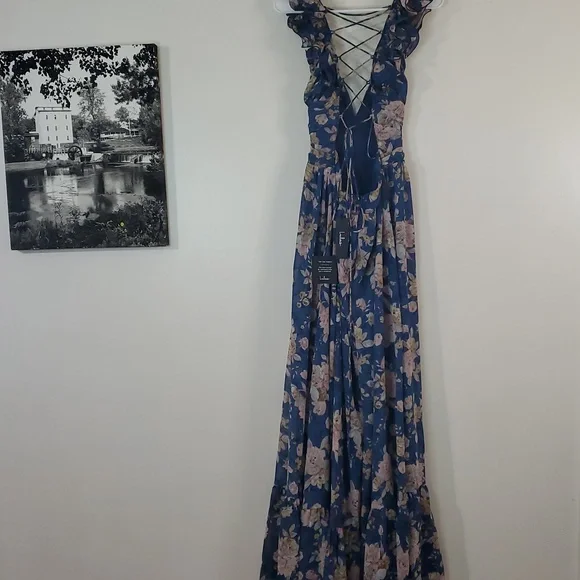 NWT Lulus Soiree Celebration Floral Ruffled Lace-Up Maxi Dress Size Lg Blue - Picture 8 of 14